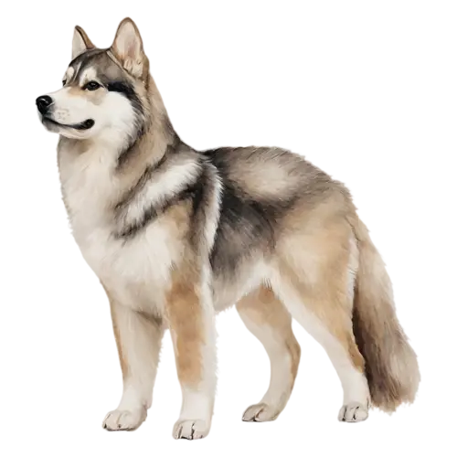 Alaskan Malamute a fluffy puppy sitting, thick grey-and-white fur, watercolor painting, transparent background