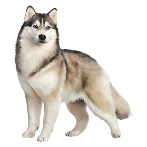Alaskan Malamute sitting with an open-mouth smile, thick grey-and-white fur, watercolor painting, transparent background