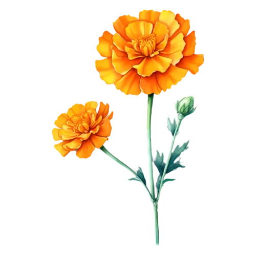Marigold branching stem with two deep orange blooms and a green bud, watercolor painting, transparent background