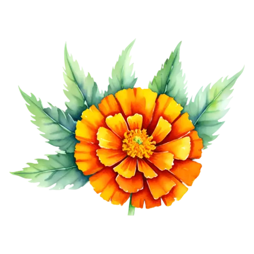 Marigold rust-orange bloom face-on with a fan of green serrated leaves behind, watercolor painting, transparent background
