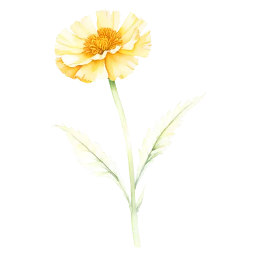 Marigold pale cream-yellow bloom with a slender stem and soft sage leaves, watercolor painting, transparent background