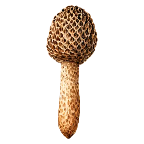 Morel with a narrow pointed honeycomb cap, a distinctive honeycombed conical cap in warm tan and brown on a hollow pale stem, watercolor painting, transparent background