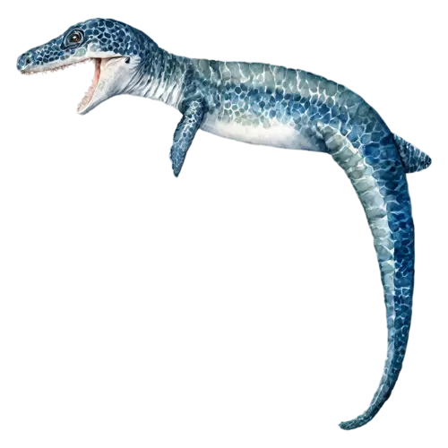 Mosasaurus swimming in side profile, body gently curved, a giant prehistoric sea reptile with a long streamlined body, watercolor painting, transparent background