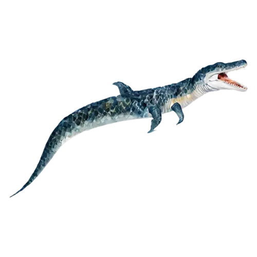 Mosasaurus gliding with its flippers extended, a giant prehistoric sea reptile with a long streamlined body, watercolor painting, transparent background