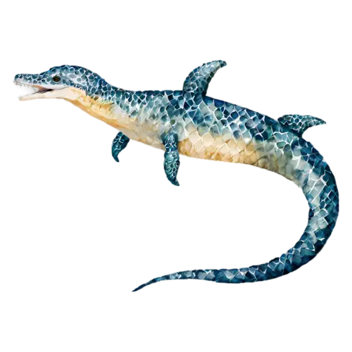 Mosasaurus with its long jaws open, a giant prehistoric sea reptile with a long streamlined body, watercolor painting, transparent background