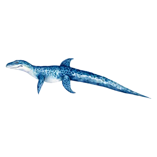 Mosasaurus swimming downward at an angle, a giant prehistoric sea reptile with a long streamlined body, watercolor painting, transparent background