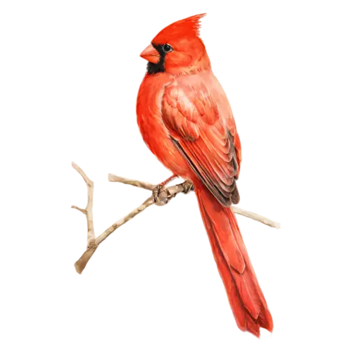 Northern Cardinal perched on a branch in side profile, brilliant red plumage, watercolor painting, transparent background