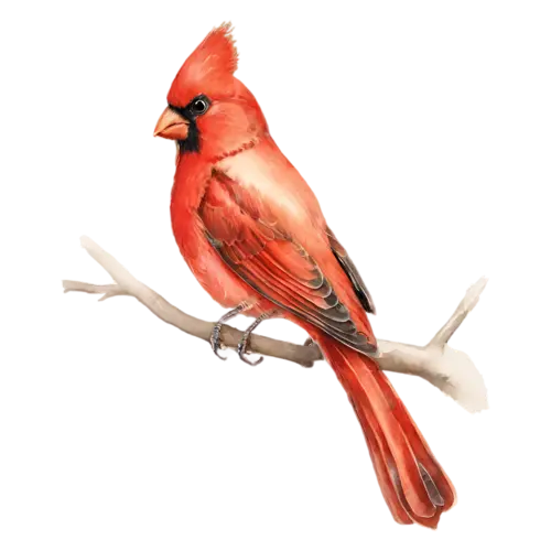 Northern Cardinal on a slender branch looking forward, brilliant red plumage, watercolor painting, transparent background