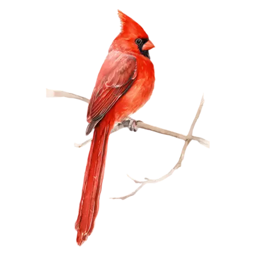 Northern Cardinal perched upright on a branch, brilliant red plumage, watercolor painting, transparent background