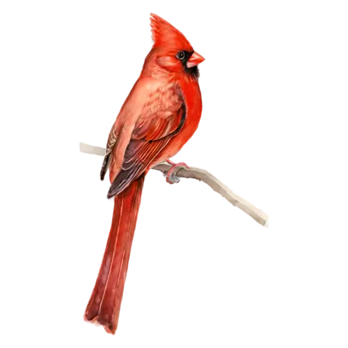 Northern Cardinal on a branch showing fine feather detail, brilliant red plumage, watercolor painting, transparent background