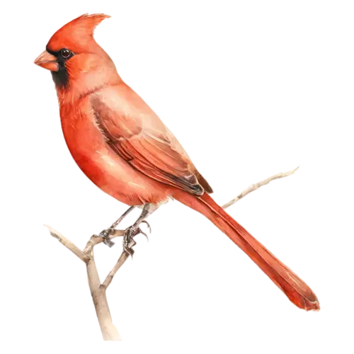Northern Cardinal alert on a thin branch, brilliant red plumage, watercolor painting, transparent background