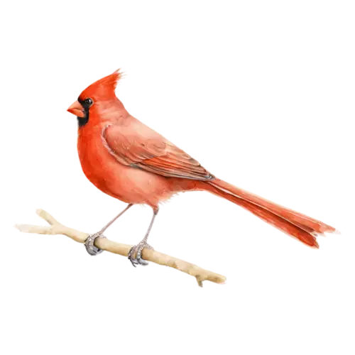 Northern Cardinal on a budding branch in three-quarter view, brilliant red plumage, watercolor painting, transparent background