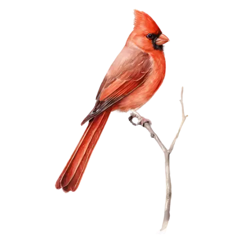 Northern Cardinal on a branch painted in soft watercolor washes, brilliant red plumage, watercolor painting, transparent background