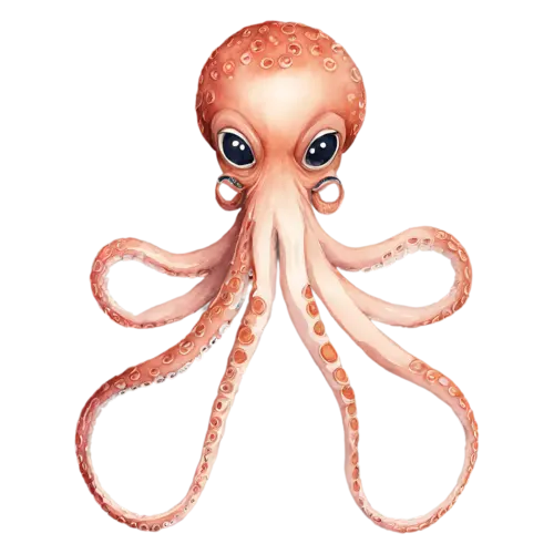 Octopus in three-quarter view, a rounded mantle and eight curling tentacles in soft coral, watercolor painting, transparent background