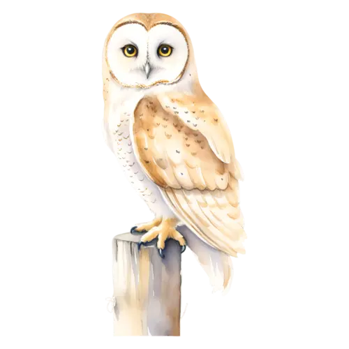 Owl perched on a branch, mottled brown with prominent ear tufts, round-faced raptors with large forward-facing eyes, watercolor painting, transparent background