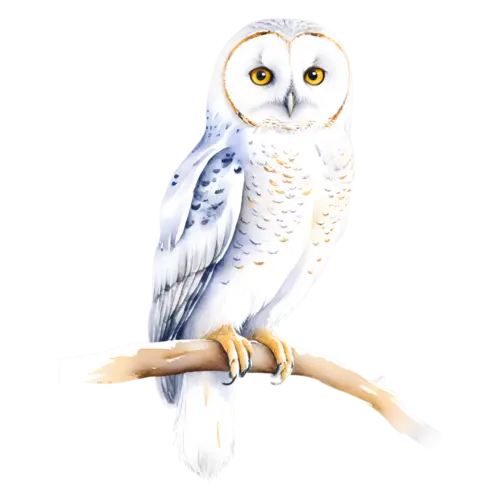 Owl perched on a post, heart-shaped white face and pale golden wings, round-faced raptors with large forward-facing eyes, watercolor painting, transparent background