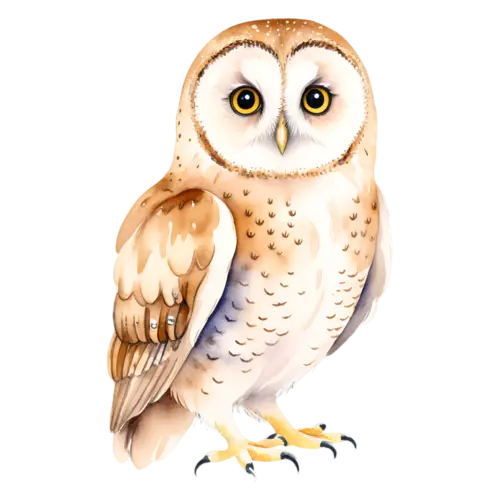 Owl head and shoulders portrait, large forward-facing yellow eyes, round-faced raptors with large forward-facing eyes, watercolor painting, transparent background