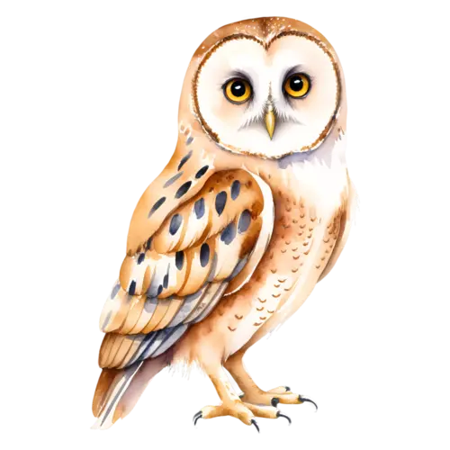 Owl small grey owl perched on a branch, mottled plumage and ear tufts, round-faced raptors with large forward-facing eyes, watercolor painting, transparent background