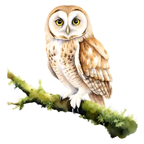 Owl perched front-facing, soft round face and feathered body, round-faced raptors with large forward-facing eyes, watercolor painting, transparent background