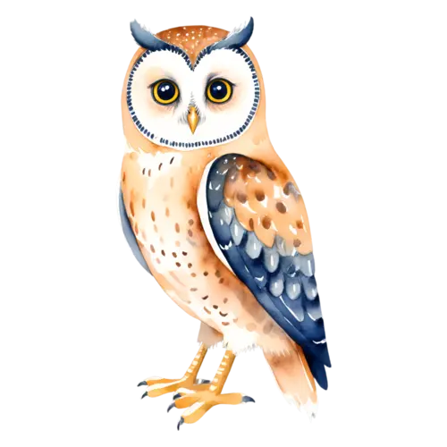 Owl perched turning its head, big dark round eyes, round-faced raptors with large forward-facing eyes, watercolor painting, transparent background