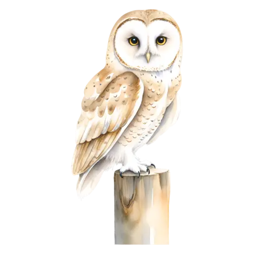 Owl fluffy owlet perched, downy pale feathers, round-faced raptors with large forward-facing eyes, watercolor painting, transparent background