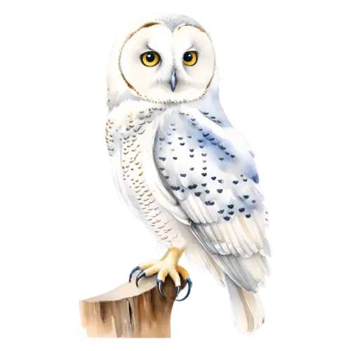 Owl perched with wings slightly raised, round-faced raptors with large forward-facing eyes, watercolor painting, transparent background