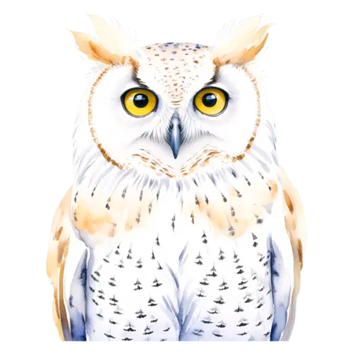Owl perched on a mossy branch, wide round eyes, round-faced raptors with large forward-facing eyes, watercolor painting, transparent background