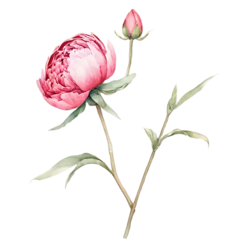 Peony ivory bloom with a green bud and leaves, lush, watercolor painting, transparent background