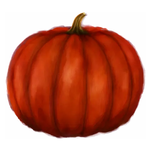 Pumpkin round variety in deep red-orange with dark ribs, ribbed classic and heirloom pumpkins, watercolor painting, transparent background
