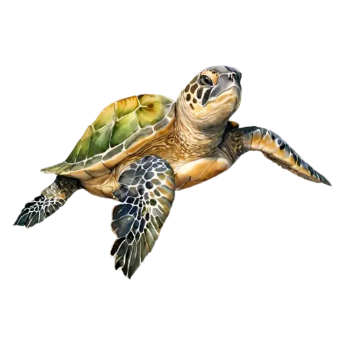 Sea Turtle gliding to the side, a patterned shell, watercolor painting, transparent background