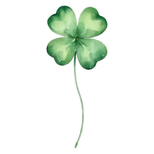 Shamrock with three rounded heart-shaped leaves on a short stem, rounded three-leaf and lucky four-leaf clovers in fresh, watercolor painting, transparent background