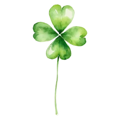Shamrock with three leaves viewed from above, rounded three-leaf and lucky four-leaf clovers in fresh, watercolor painting, transparent background
