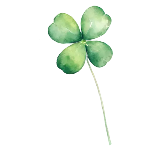Shamrock as a four-leaf clover with a slender stem, rounded three-leaf and lucky four-leaf clovers in fresh, watercolor painting, transparent background