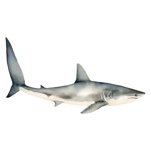 Shark viewed from above, a sleek gray torpedo-shaped body, watercolor painting, transparent background