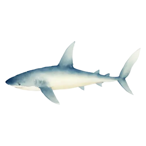 Shark swimming gently upward, a sleek gray torpedo-shaped body, watercolor painting, transparent background