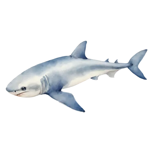 Shark in three-quarter view, a sleek gray torpedo-shaped body, watercolor painting, transparent background