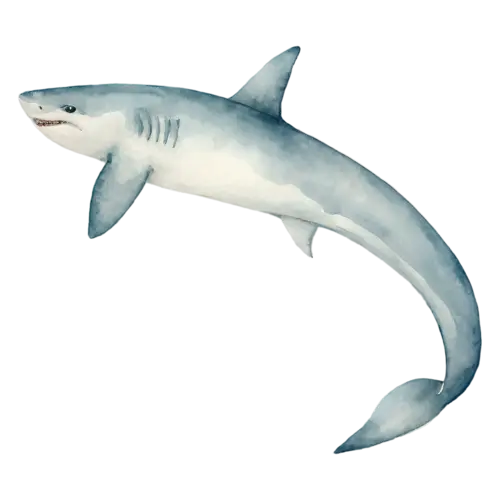 Shark gliding forward calmly, a sleek gray torpedo-shaped body, watercolor painting, transparent background