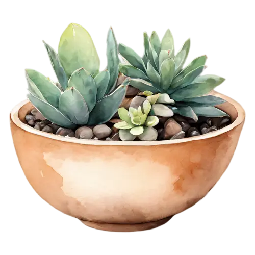 Succulent pink echeveria rosette in a pot, plump rosettes and fleshy leaves in soft sage greens, watercolor painting, transparent background