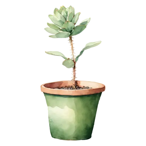 Succulent barrel cactus in a terracotta pot, plump rosettes and fleshy leaves in soft sage greens, watercolor painting, transparent background