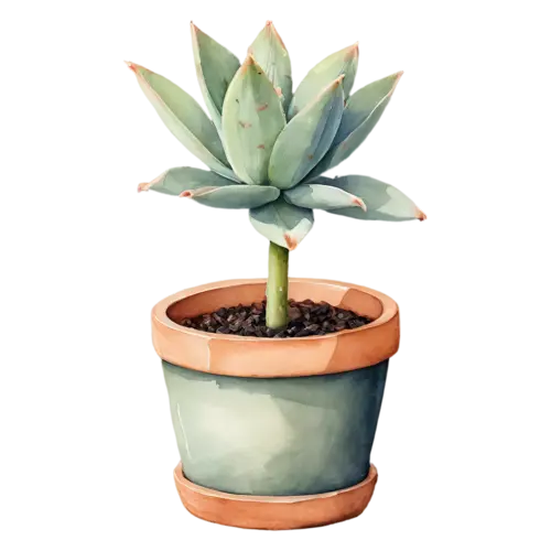 Succulent mixed succulent arrangement in a clay bowl, plump rosettes and fleshy leaves in soft sage greens, watercolor painting, transparent background