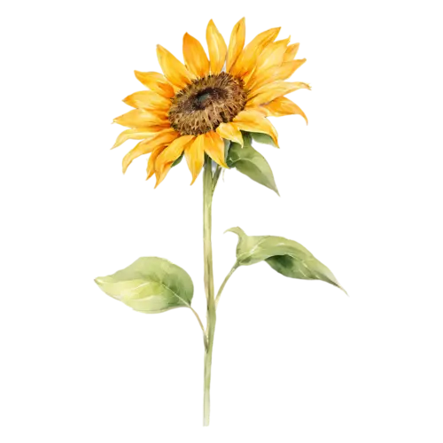 Sunflower pale yellow bloom with a round center, bold golden-yellow petals around a large dark seeded center, watercolor painting, transparent background