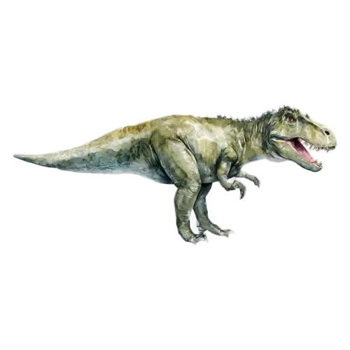 T. Rex standing in side profile, the iconic two-legged predator with a massive head, watercolor painting, transparent background