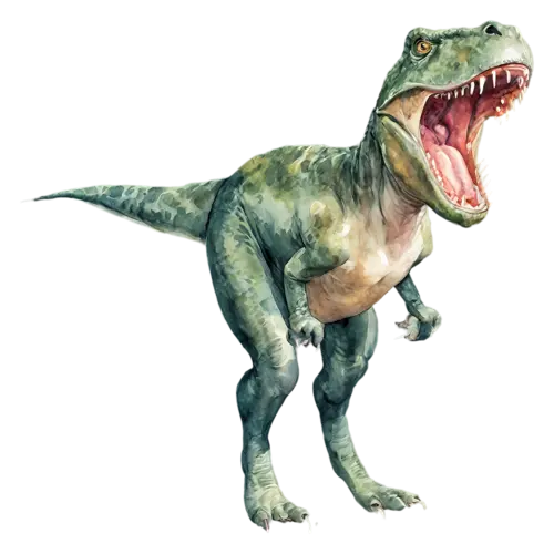 T. Rex walking forward with one foot lifted, the iconic two-legged predator with a massive head, watercolor painting, transparent background