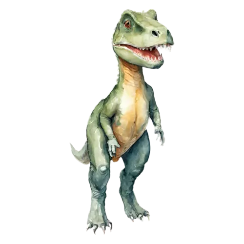 T. Rex looking back over its shoulder, the iconic two-legged predator with a massive head, watercolor painting, transparent background