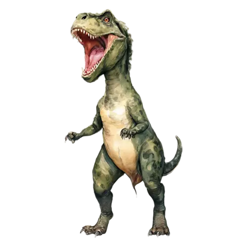 T. Rex head and shoulders portrait, the iconic two-legged predator with a massive head, watercolor painting, transparent background