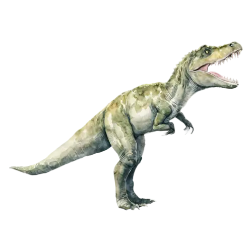 T. Rex sitting and resting on the ground, the iconic two-legged predator with a massive head, watercolor painting, transparent background