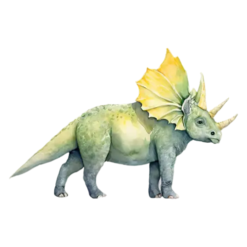 Triceratops standing in side profile, a sturdy four-legged plant-eater with three horns and a large bony neck frill, watercolor painting, transparent background