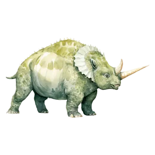 Triceratops walking forward, a sturdy four-legged plant-eater with three horns and a large bony neck frill, watercolor painting, transparent background