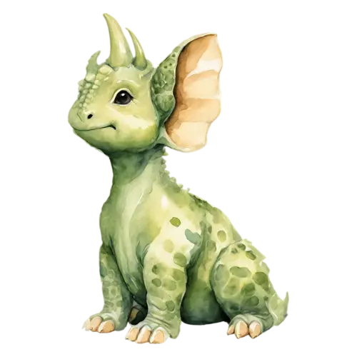 Triceratops head lowered showing its three horns, a sturdy four-legged plant-eater with three horns and a large bony neck frill, watercolor painting, transparent background
