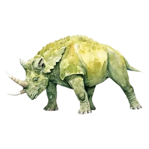 Triceratops in a three-quarter front view showing its frill, a sturdy four-legged plant-eater with three horns and a large bony neck frill, watercolor painting, transparent background